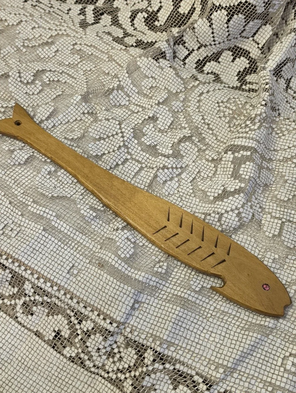 Vintage Wooden Fish Oven Rack Puller Tool Hand Carved MCM Kitchen Utensil 14